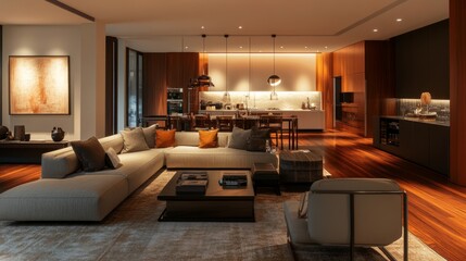 Cozy and inviting modern living room with stylish furniture and warm wood elements, ideal for a luxurious home setting