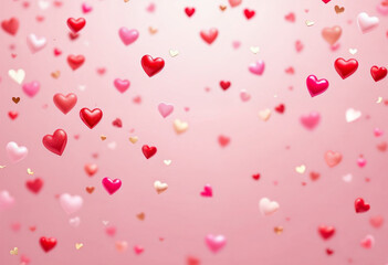  Romantic shower of hearts on a pastel pink background.