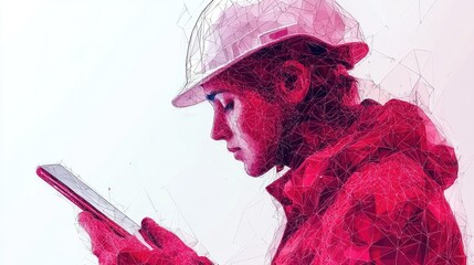 Abstract polygonal isolated engineer in technology style on a white background. Industry safety or architecture concept. Worker in white helmet holding tablet. Low poly wireframe vector illustration