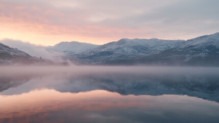 Fototapeta premium Misty Mountain Lake at Sunrise: A Serene Winter Landscape