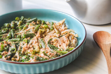 Mixed vegetables topped with peanut sauce.Traditional indonesian salad with steamed vegetables and peanut dressing.