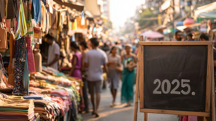 Obraz premium In a bustling street market, a handwritten chalkboard sign for the year is erased and rewritten as 