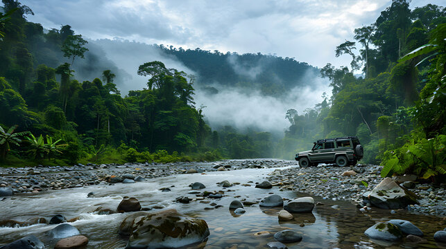 Rugged SUV Adventure. Off-road SUV river crossing. Rocky terrain driving tips. Best SUVs for rough trails.