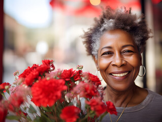 Close up of a red flower bouquet in focus, blurred background with a happy smiling old Afroamerican woman