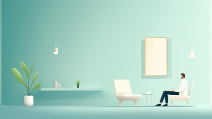 Cozy Modern Interior with Minimalist Decor Featuring a Calm Atmosphere, a Person Working on a Laptop, and Bright Green Accents for Tranquil Vibes
