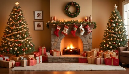 Cozy holiday room with Christmas tree, fireplace, and festive decor.

