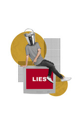 Creative 3d collage picture of head absurd trash bucket television monitor lies wrong information...