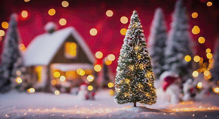 Cozy Christmas decoration with mini Christmas tree cozy house and lights on snowy background. with copy space.