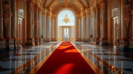 Obraz premium A grand room featuring a red carpet and luxurious architectural details, exuding elegance and sophistication.