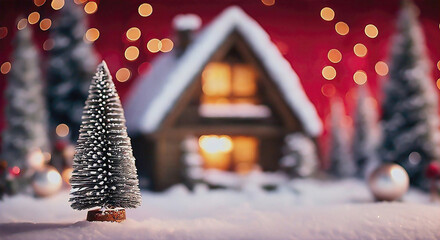 Cozy Christmas decoration with mini Christmas tree cozy house and lights on snowy background. with copy space.