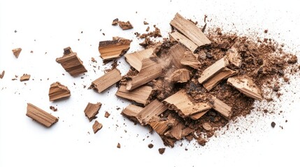 Fototapeta premium Wood pieces and dust, crushed tree bark isolated on white background