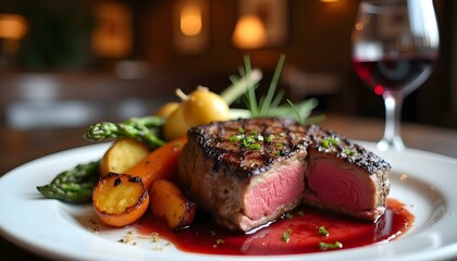 A seared steak with roasted vegetables, red wine sauce, and a glass of wine.