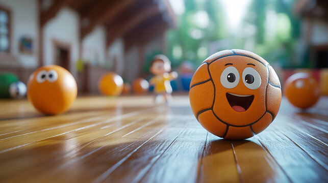 Fun basketball game in a bright gym with animated balls enjoying their time