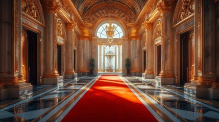Obraz premium A grand room featuring a red carpet and luxurious architectural details, exuding elegance and sophistication.