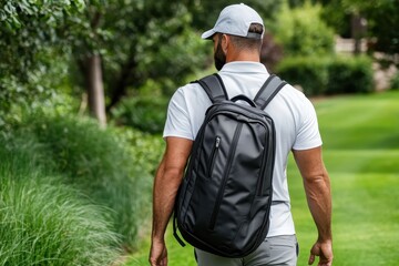 A golfer with a backpack strides away from the camera, showcasing modern golf attire and enthusiasm for the sport, surrounded by a lush and vibrant course landscape.