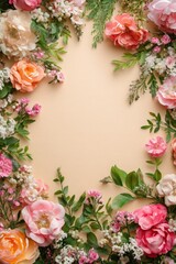 Beige background with a mix of vivid spring blooms creating a charming frame for card designs. Flat lay, top view.