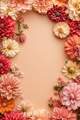 Obraz premium Beige background with a mix of vivid spring blooms creating a charming frame for card designs. Flat lay, top view.