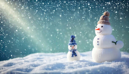 Two cute couple little knitted snowmans on soft snow. knitted caps and scarfs on snow in the winter. Festive background with a lovely snowman. Christmas card, copy space