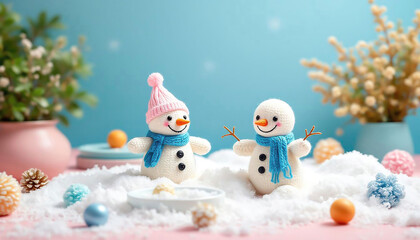 Two cute couple little knitted snowmans on soft snow. knitted caps and scarfs on snow in the winter. Festive background with a lovely snowman. Christmas card, copy space