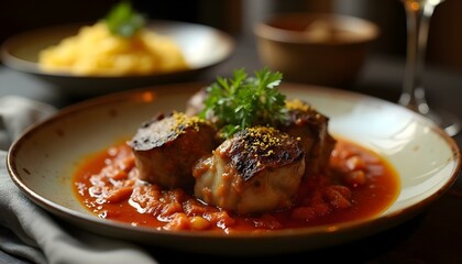 Ossobuco with saffron risotto in a fine-dining setting, warmly lit and elegantly styled.
