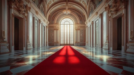 Obraz premium A grand room featuring a red carpet and luxurious architectural details, exuding elegance and sophistication.