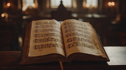 Obraz premium Open Music Book Close-Up – Musical Creativity, Artistic Expression, Warm Ambiance, and Classical Inspiration