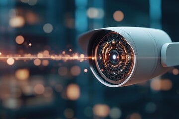 Surveillance camera captures vibrant city lights and modern architecture in urban setting at night
