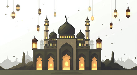 Ramadan Kareem, pixelated Islamic background with mosque and lamps. 8-Bit Style