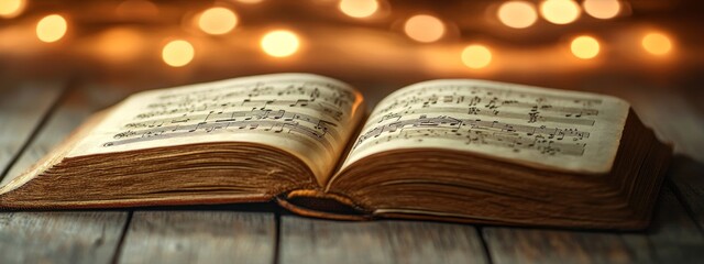 Fototapeta premium Open Music Book Close-Up – Musical Creativity, Artistic Expression, Warm Ambiance, and Classical Inspiration