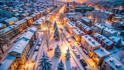 Aerial View: Winter City Street, Heavy Snowfall - Drone Photography