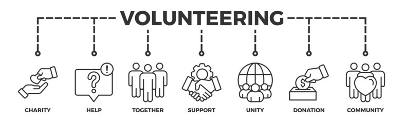 Volunteering banner web icon illustration concept for volunteer aid assistant with icon of charity, help, together, support, unity, donation, and community