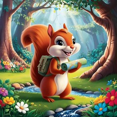 A cartoon-style squirrel wearing a backpack, holding a map, and exploring a colorful woodland setting.