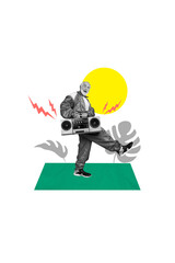 Vertical creative composite abstract photo collage of positive funny senior man hold boombox...