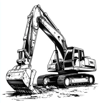 Black and white vector illustration of an excavator digging in the ground on white
