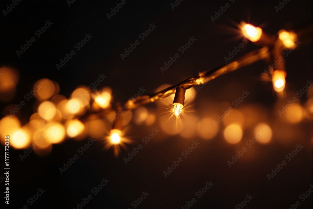 Poster glowing string lights in warm tones, against a blurred background, creating a cozy atmosphere. conce