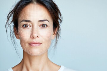 Naklejka premium A visual representation of facial analysis featuring a mature Asian woman. The delicate wrinkles, calm expression, and flawless glow reflect wellness and cultural elegance.