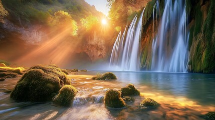 Sunbeams illuminate a cascading waterfall and tranquil pool in a lush, rocky landscape.
