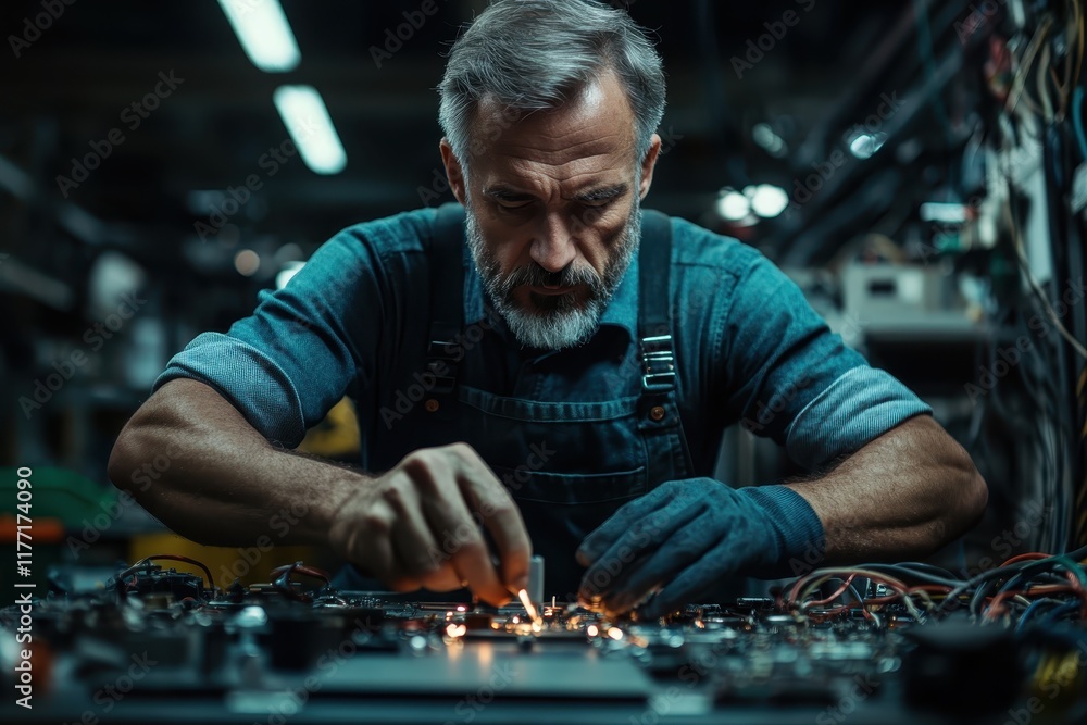 Poster a dedicated engineer meticulously assembles a circuit board, highlighting the attention to detail an