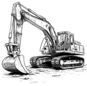 Black and white vector illustration of an excavator digging in the ground on white