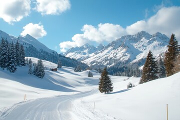 Fototapeta premium Snow-covered landscape with mountains and pine trees under a clear blue sky in winter