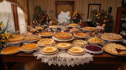Abundant Thanksgiving pies and desserts on a table.