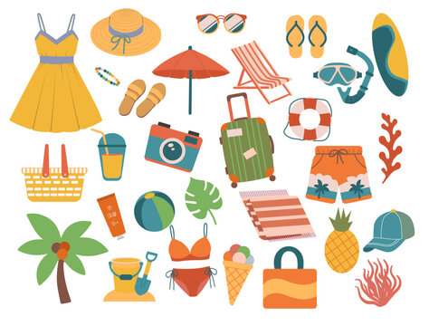 Summer Vacation Essentials: A vibrant collection of summer holiday icons, including clothing, accessories, beach gear, and travel items. Perfect for travel blogs, websites, and social media.