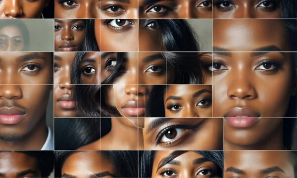 Mosa&iuml;que de visages et regards de personnes noires sur fond neutre, composition contemporaine &eacute;voquant diversit&eacute;, identit&eacute;, inclusion, beaut&eacute; et repr&eacute;sentation dans un visuel fort et expressif