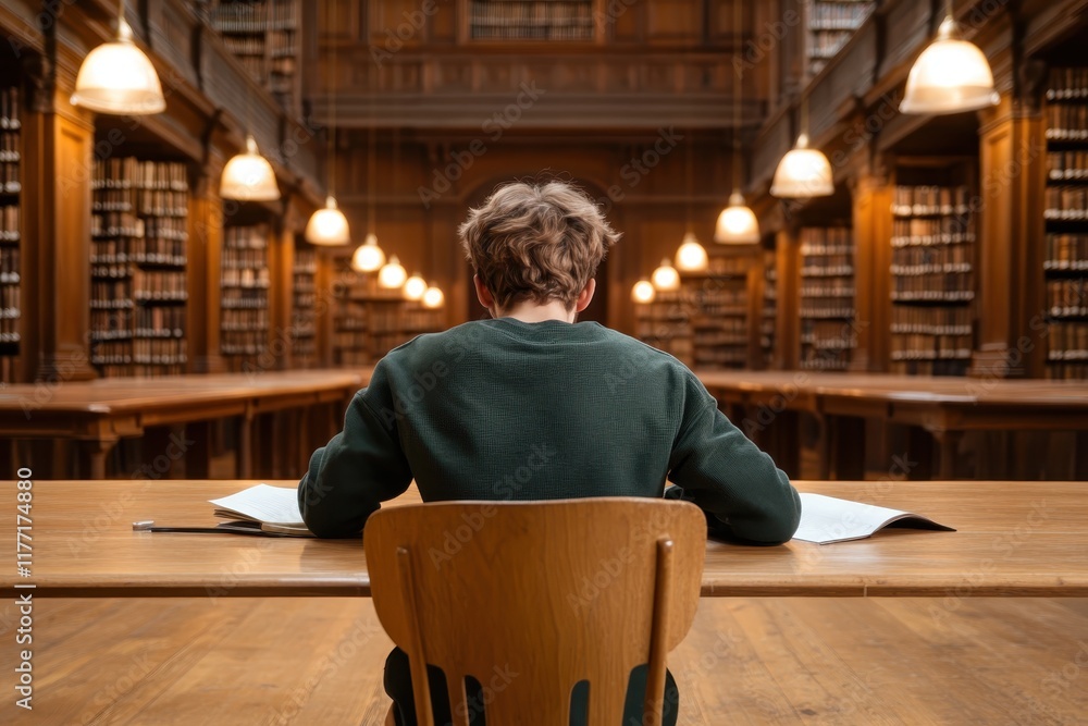 Poster a student in a green shirt is engaged in reading and taking notes at a library table, showcasing the