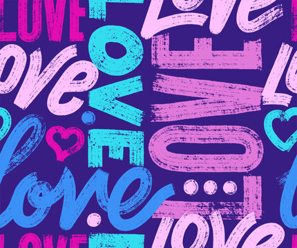 Fototapeta Seamless pattern abstract chaotic inscriptions love with line hearts. Hand painted with a dry brush on canvas. Monochrome background. Wallpaper seamless pattern for girls, Valentines day.