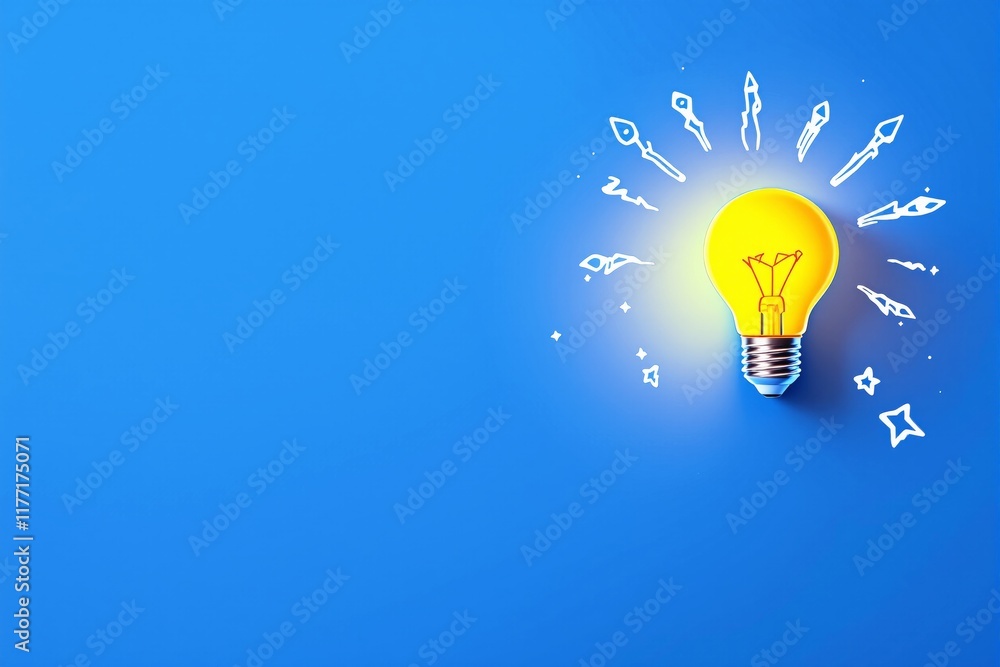 Poster illuminated lightbulb with sketch-style rays, positioned on a vibrant blue background. represents in