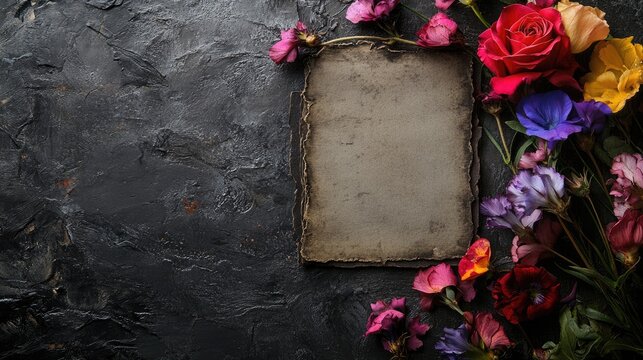 Brown, olive green, and grey tones with vibrant floral frames create a striking card composition. Flat lay.