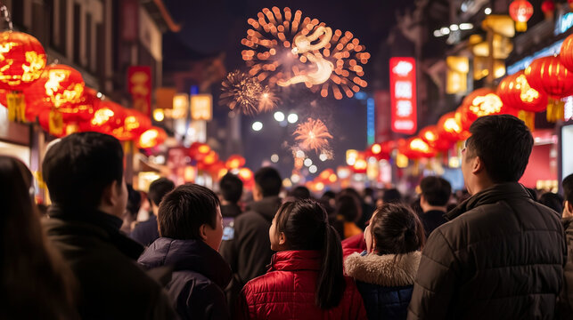 A bustling city street glows with red lanterns, golden banners, and snake motifs hanging from every shopfront. Families dressed in traditional Chinese attire cheer as fireworks eru