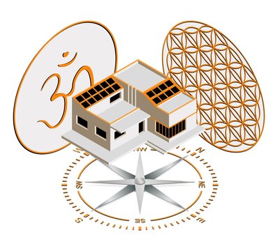 Sacred Symbols Flower of Life, Om or Aum. Cardinal Directions. Vastu Shastra Building the House According to Divine laws. Science of Architecture. Vastu Purusha Mandala.  Ancient Vedic Conception.
