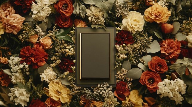 Brown, olive green, and grey tones with vibrant floral frames create a striking card composition. Flat lay.